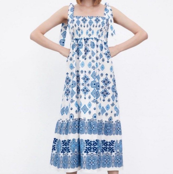 Zara Boho Print Smocked Lace Up Dress Size S - Picture 3 of 9